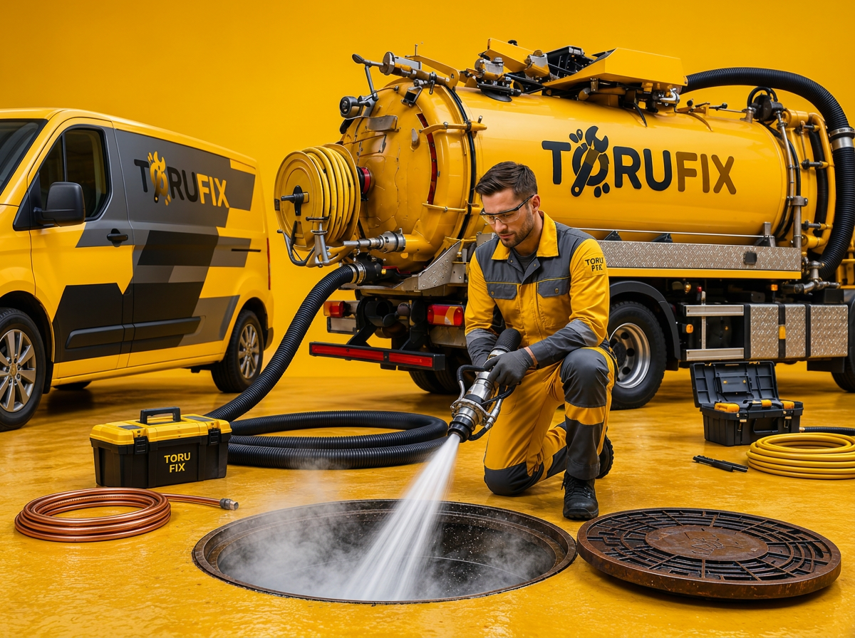 survepesu, survepesu tallinnas ToruFix pressure washing truck and technician cleaning a sewer manhole in Tallinn